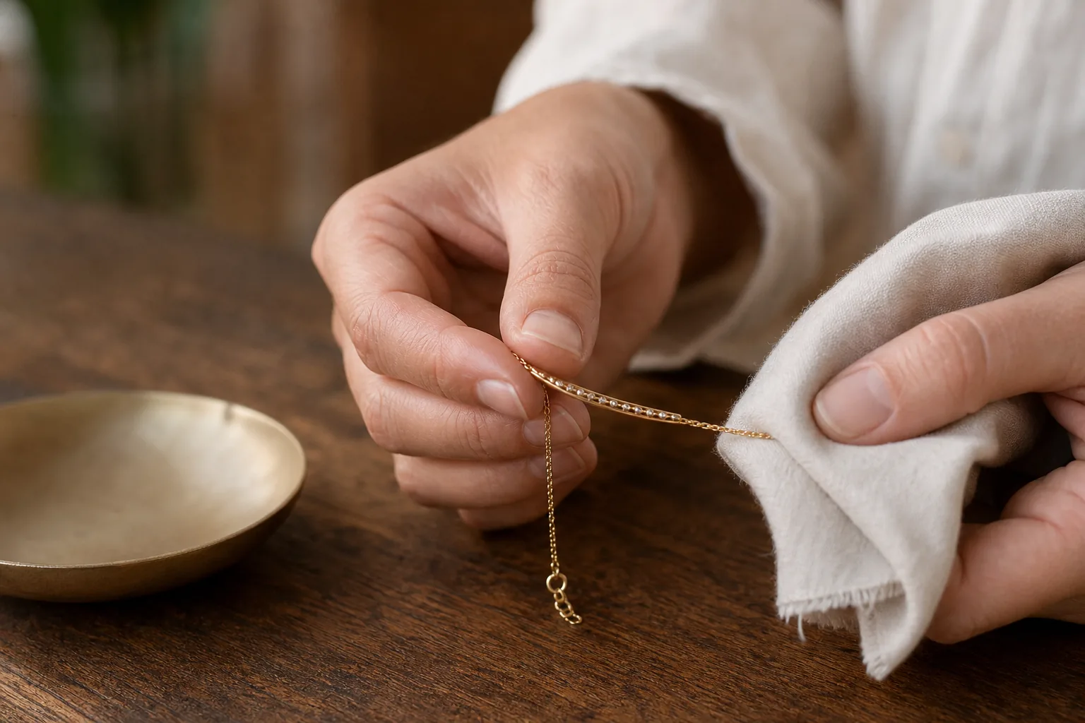 Manos puliendo con un paño suave una pulsera de oro laminado sobre una mesa de madera