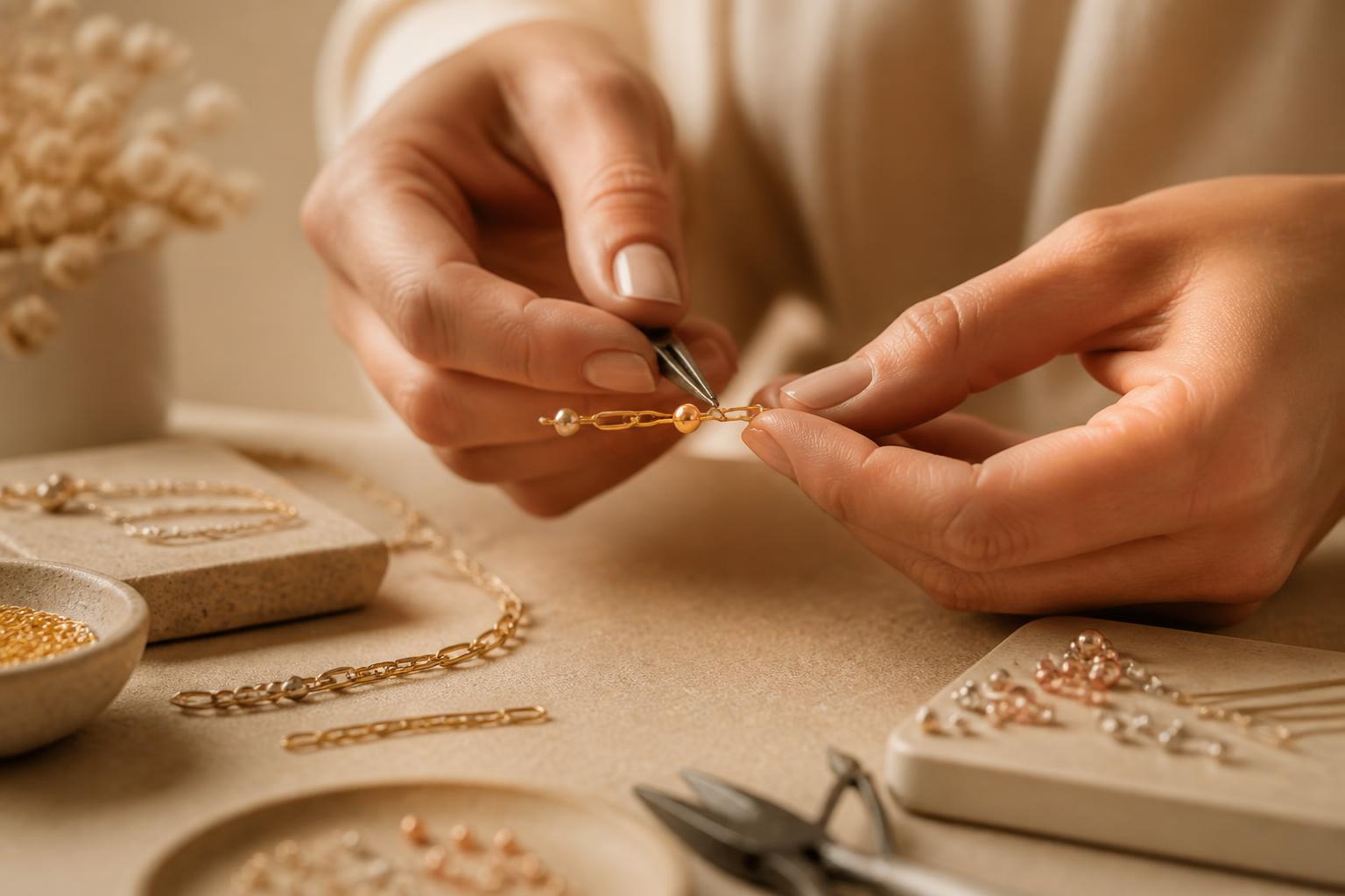 Artesana ensamblando joyería con insumos K&C Gold
