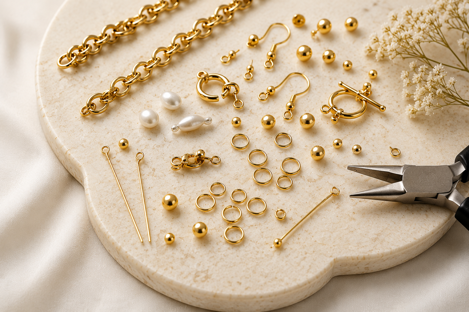 Insumos de joyería en oro laminado: cadenas, bolas, herrajes y dijes